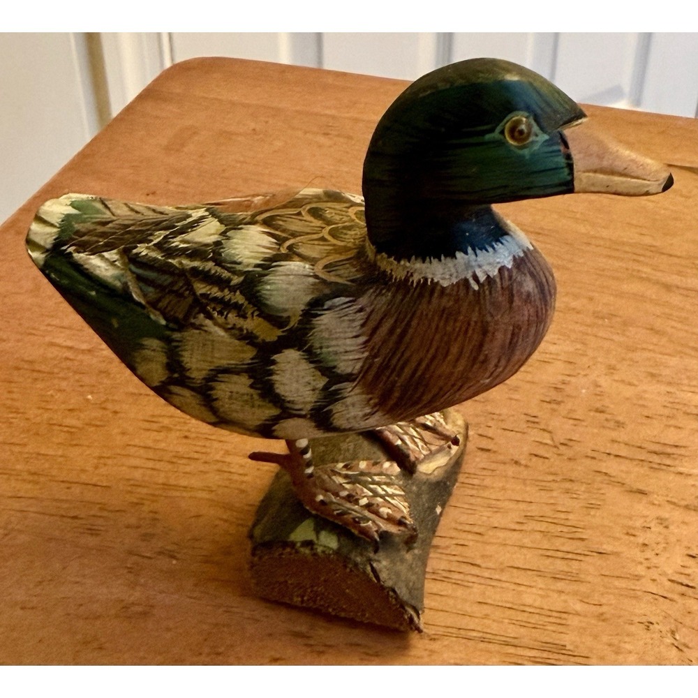 Hand Carved & Painted Mallard Duck Drake Figurine Wood Sculpture Decoy 4x4"